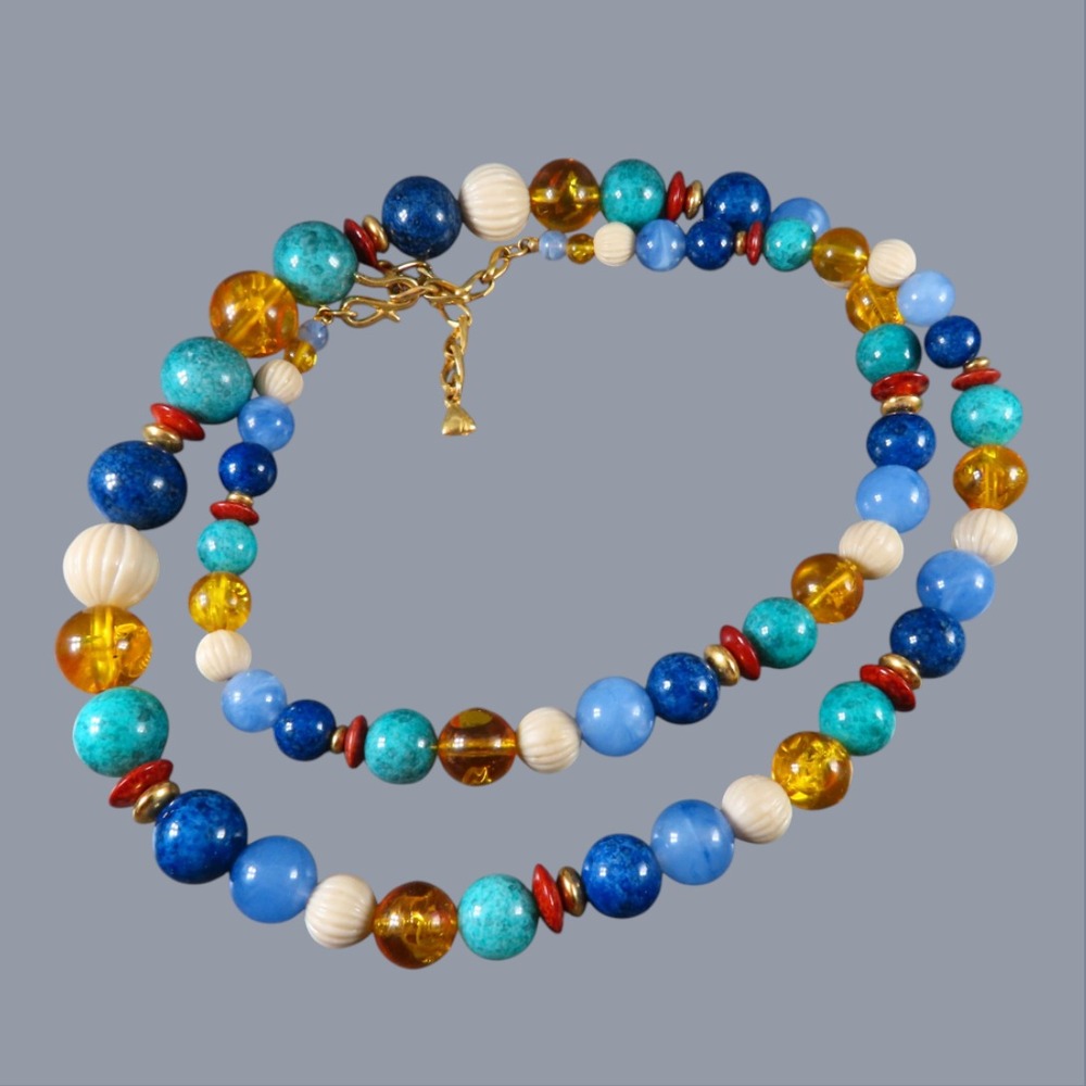 Vintage LIZ CLAIBORNE BEADED NECKLACE Blue Ivory AMBER CRACKLE Gold Tone 30-34"